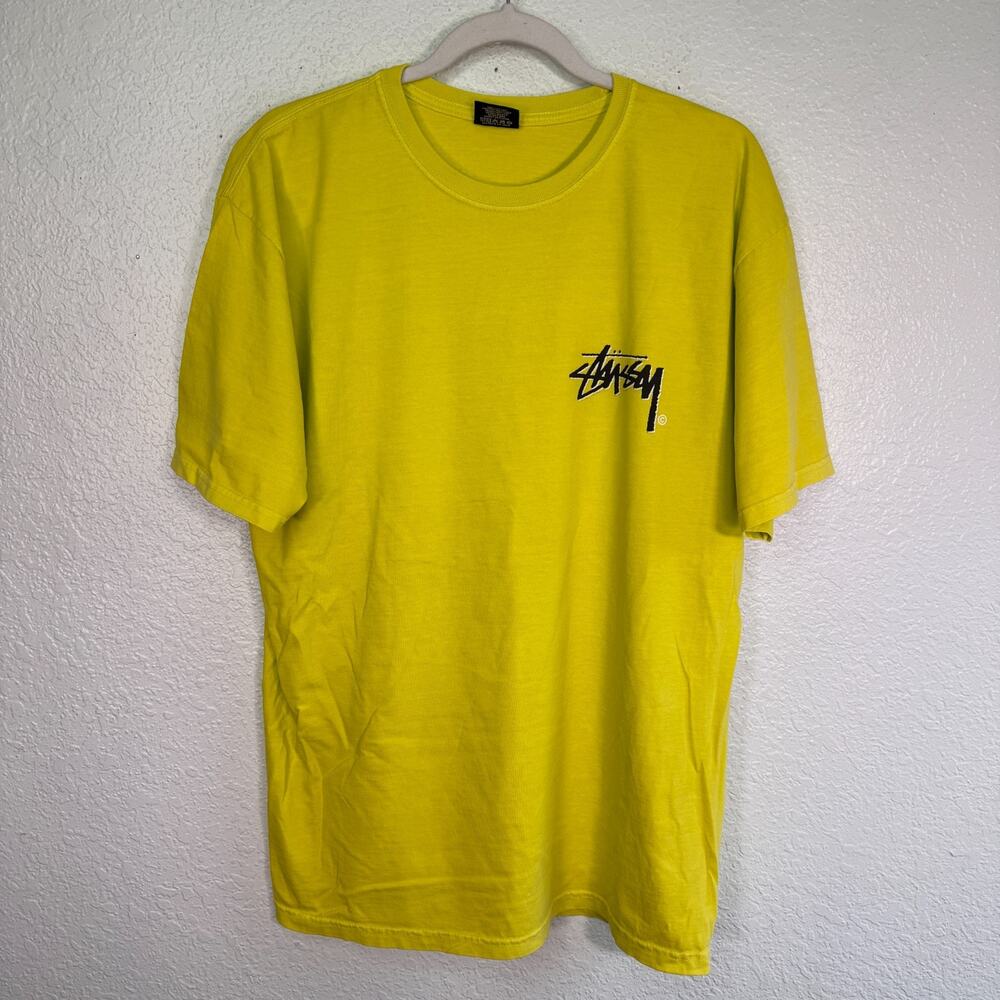 Stussy Shirt Mens Large Logo Graphic Tee Skate Streetwear Neon Yellow Crewneck